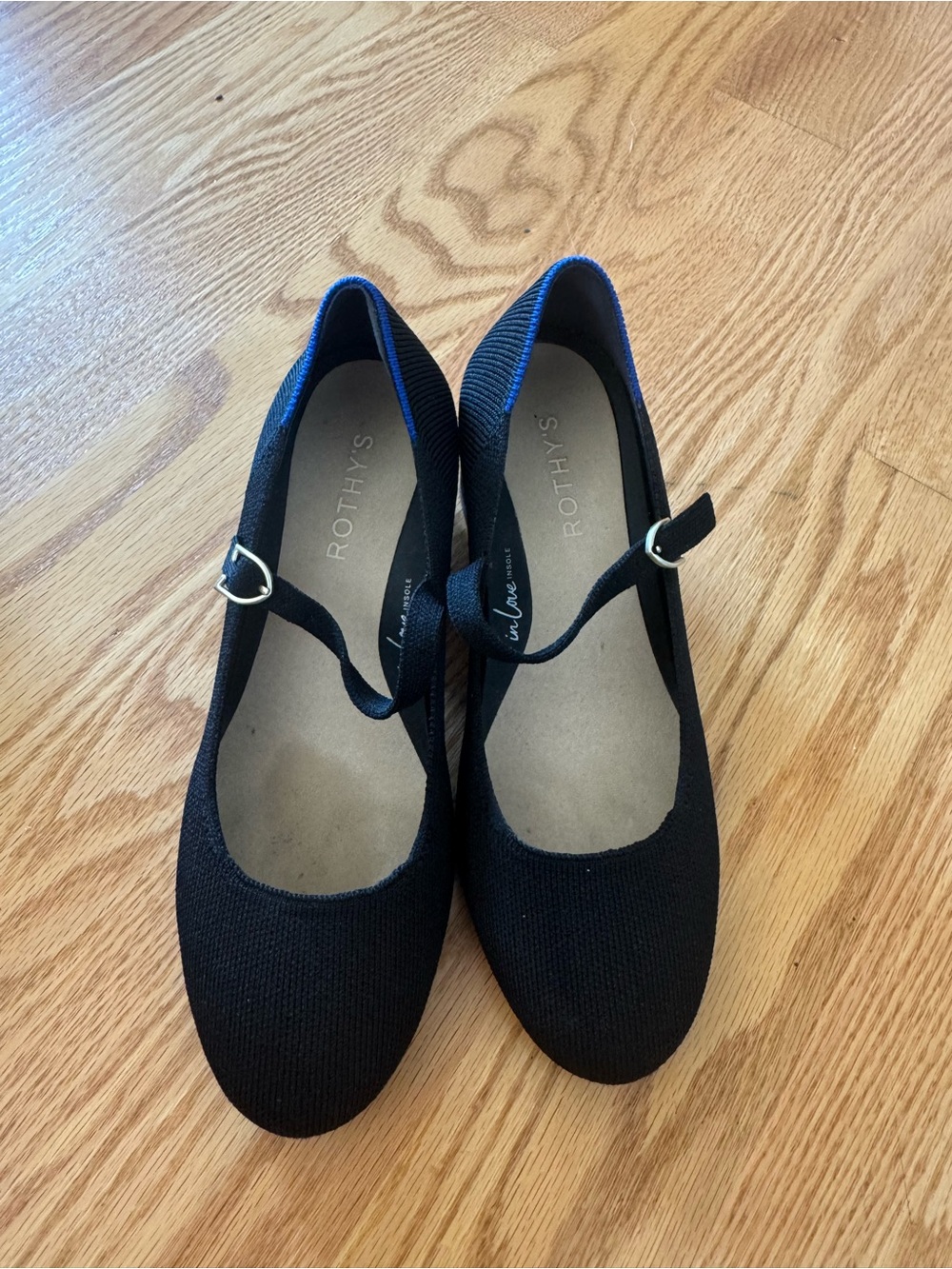 Rothy's Black Mary Jane short heals with Gold Buckle